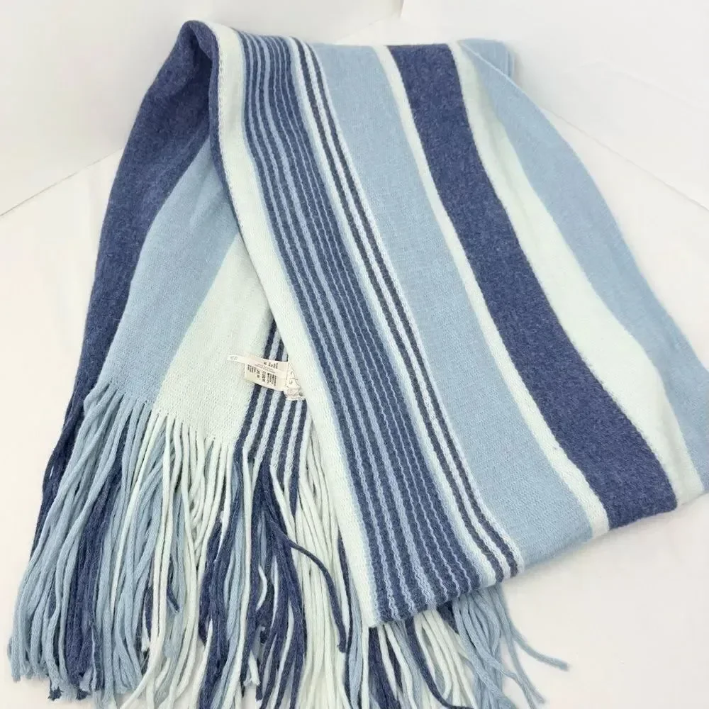Free People Color Block Blue Stripe Oversized Fringed Edge Scarf Shawl Wrap